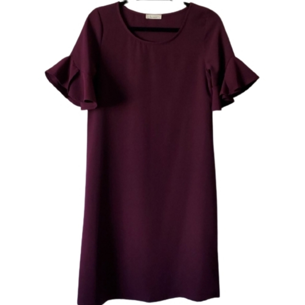 Les Amis Burgundy Ruffle Flutter Sleeve Shift Dress Plum Wine Size Small